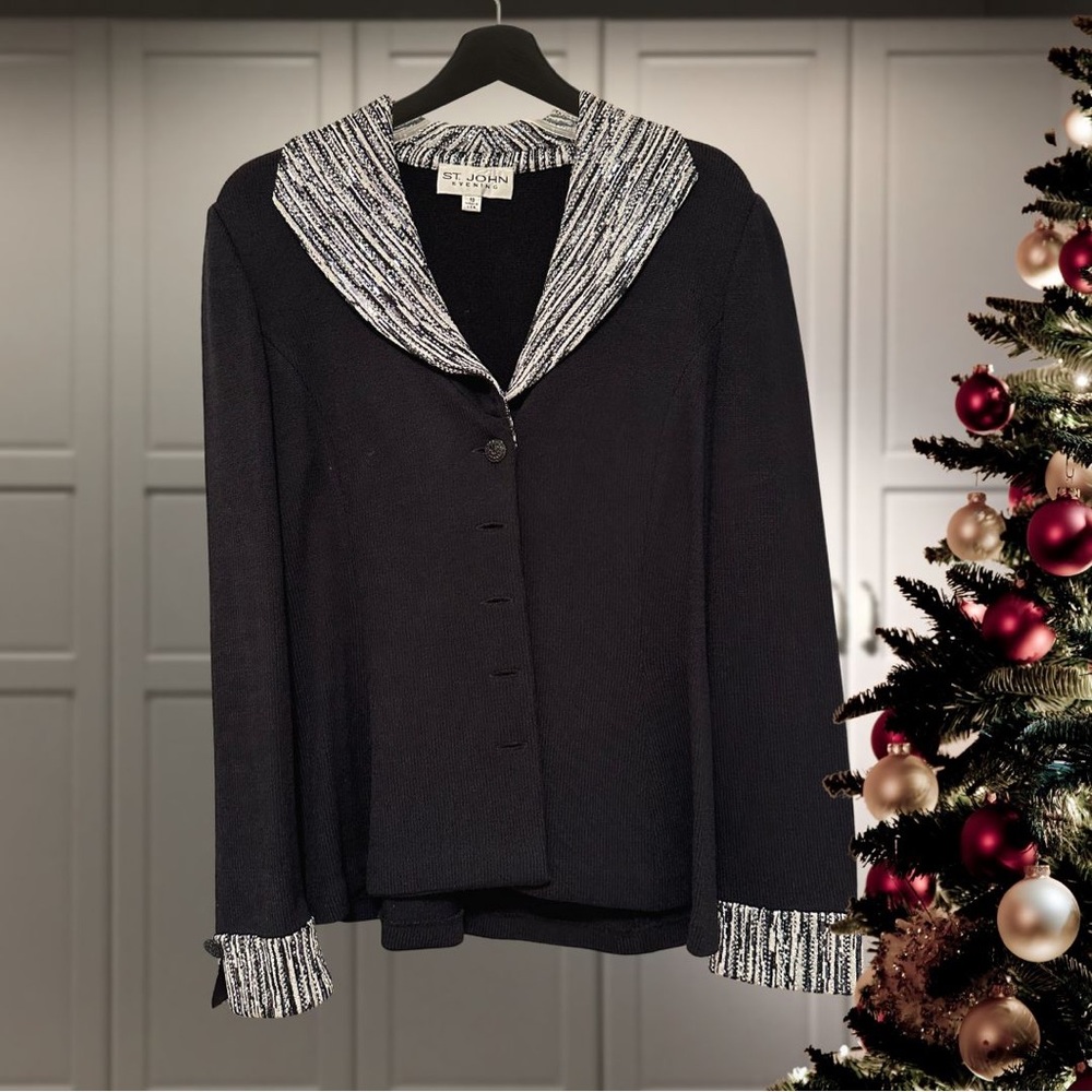 St. John Evening Embellished Jacket w/ Black/Silver Shimmer Trim - size 10